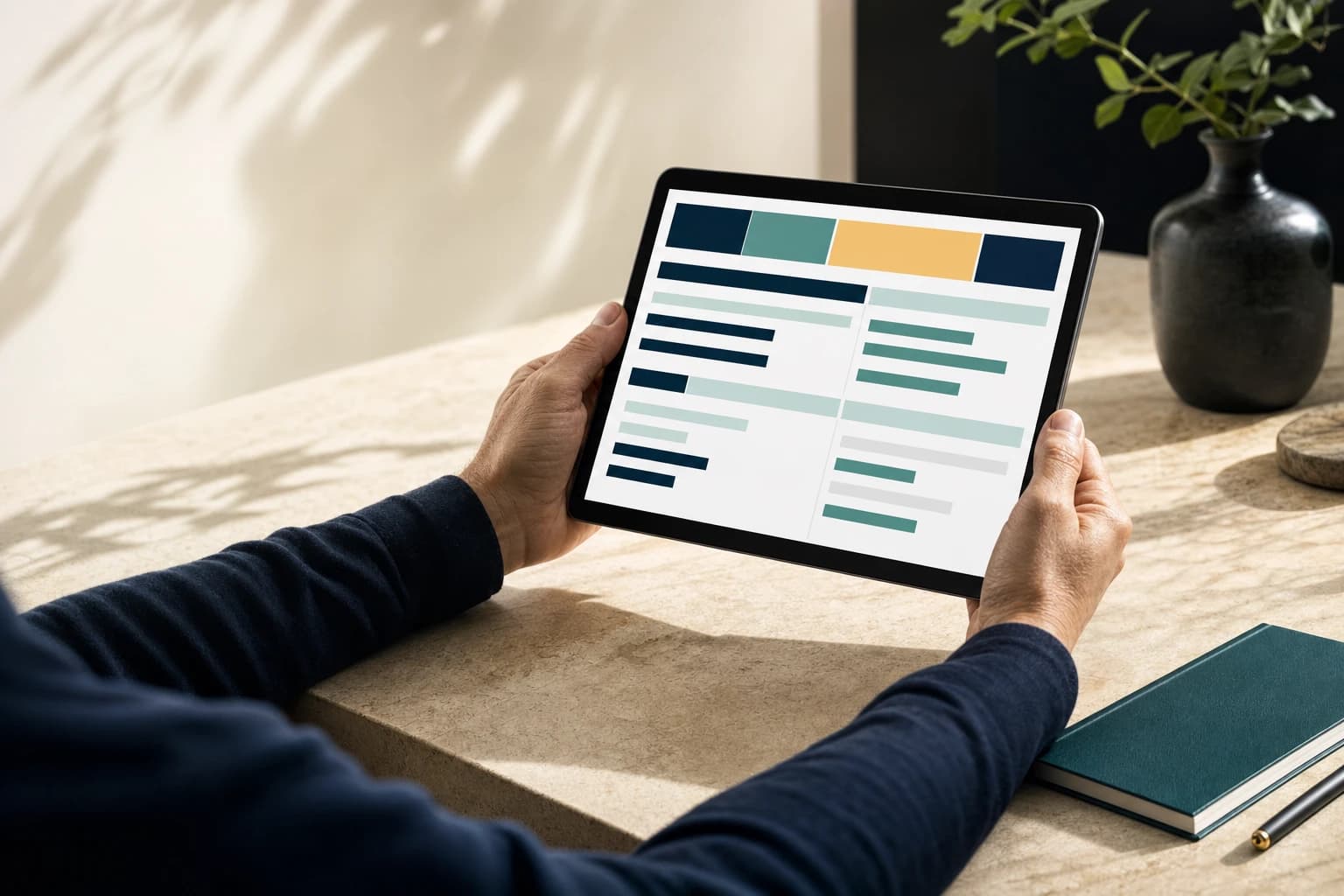 Hands holding a tablet with a calm, abstract workflow view at a sunlit desk