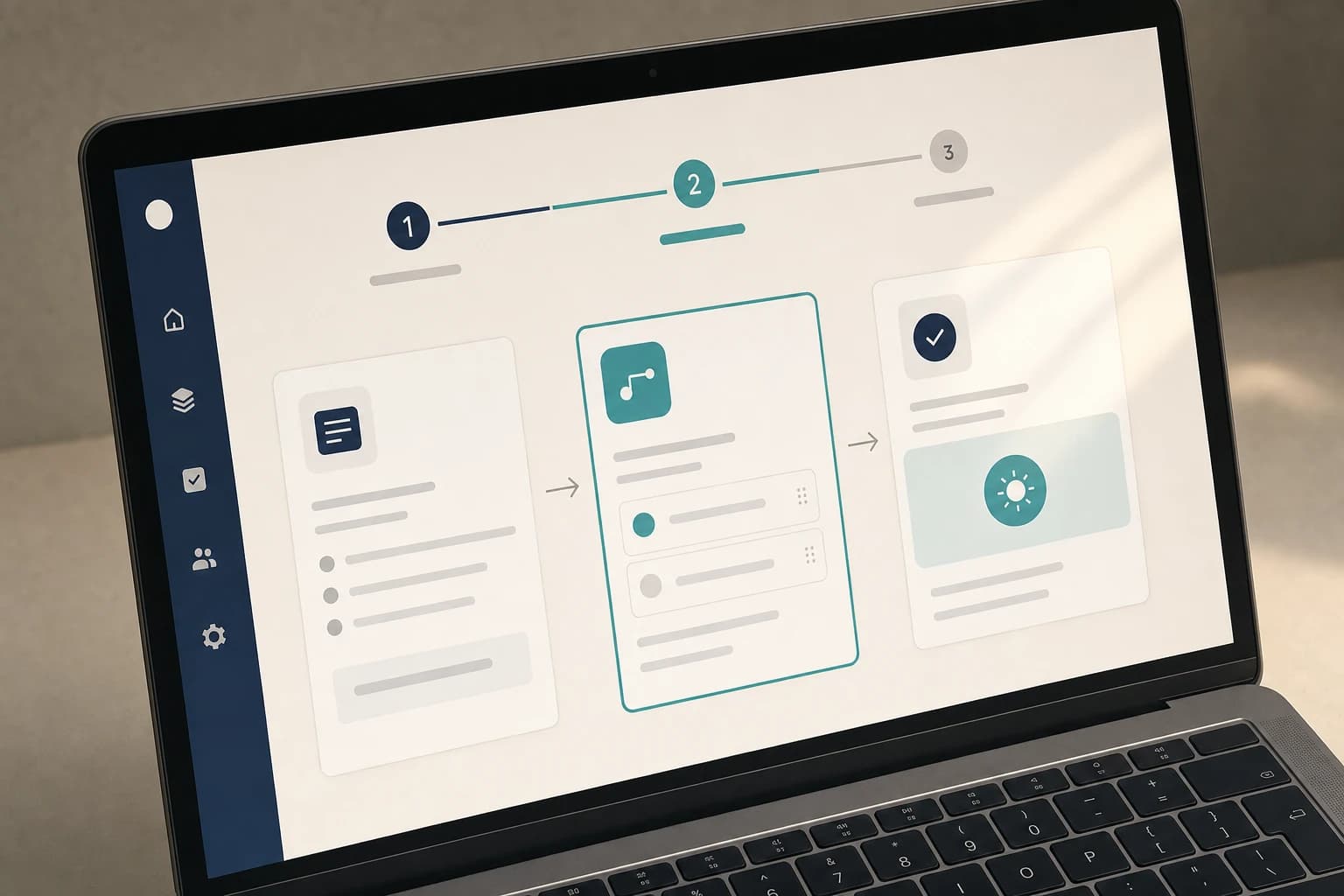 Conceptual web app interface on a laptop, showing a three-step workflow with navy, teal, and sunbeam accents